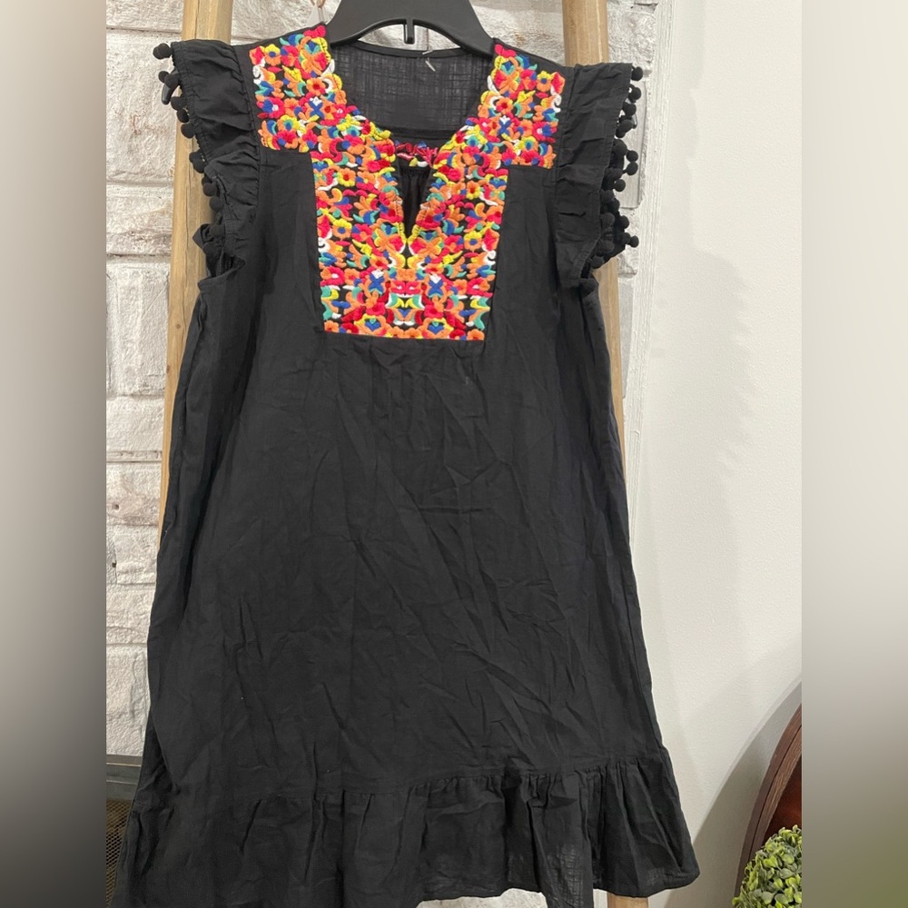 Black Embroidered Pom Pom Mini Dress